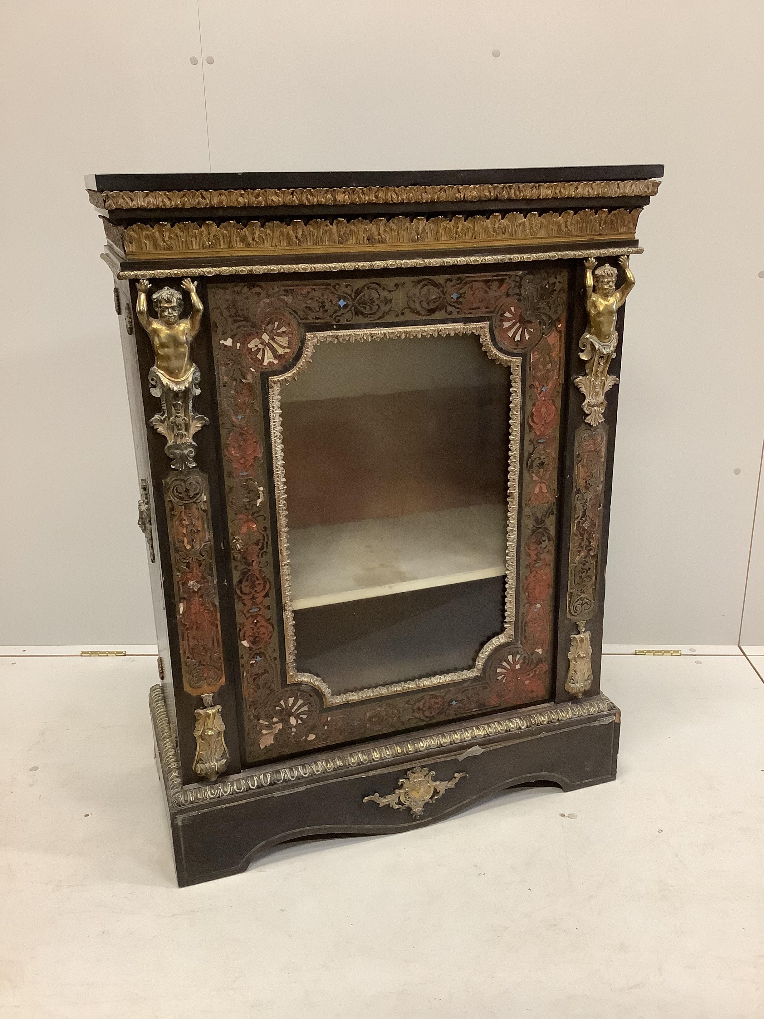 A 19th century French gilt metal mounted boulle marble top pier cabinet, width 84cm, depth 38cm, height 110cm